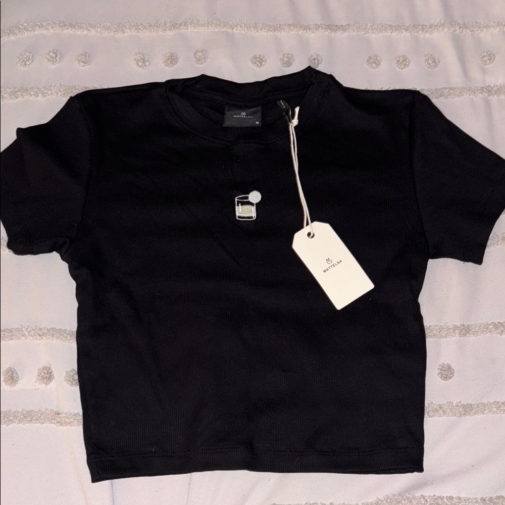 Black Short Sleeve Ribbed T-Shirt With Cute Beverage Logo